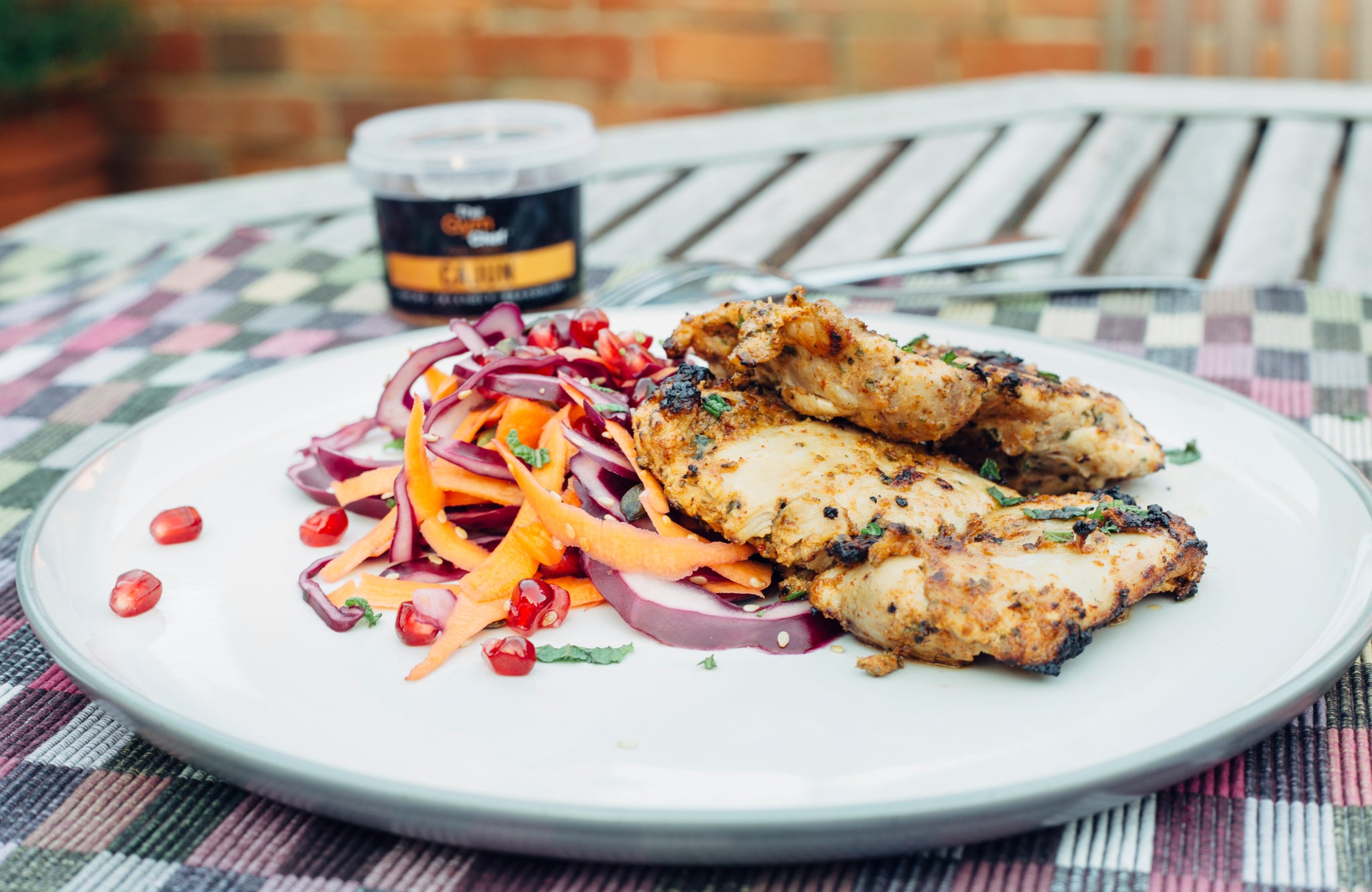 BBQ cajun chicken with seedy slaw