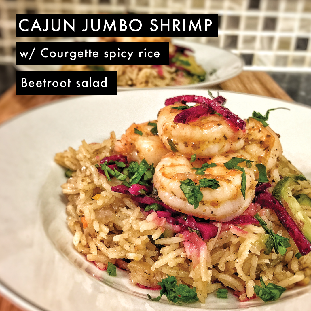 Cajun Jumbo Shrimp with Courgette Spicy Rice and Beetroot Salad.