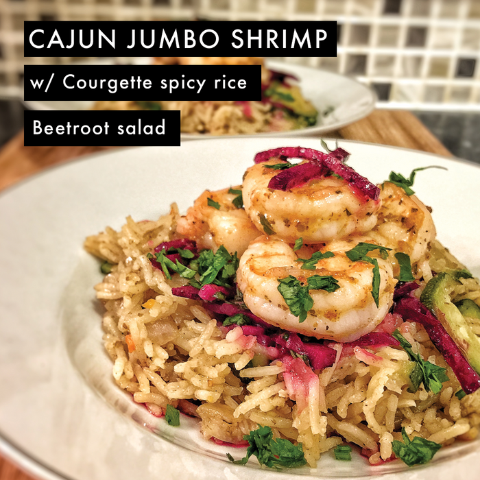 Cajun Jumbo Shrimp with Courgette Spicy Rice and Beetroot Salad.